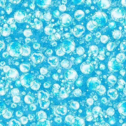 Image of QT Cuties 3 Bubbles Blue quilting cotton fabric by Morris Creative Group for QT Fabrics. Features bubbles on a blue background. Cute Little Fabric Shop.