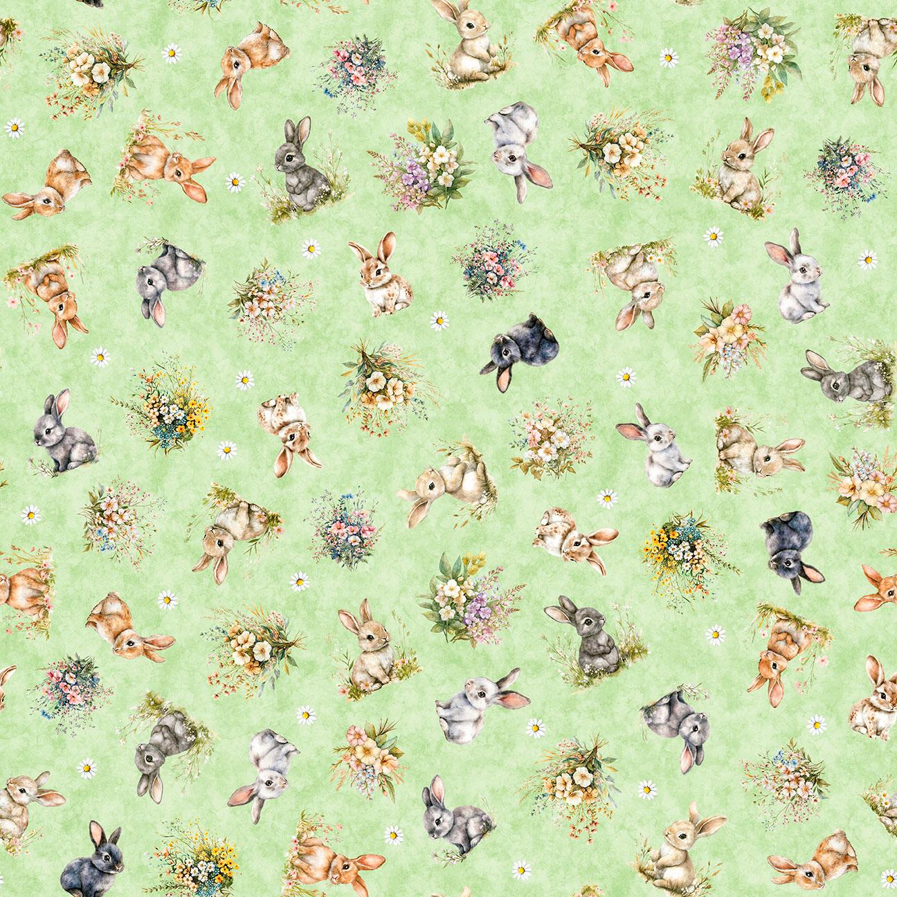 Image of QT Cuties 3 Bunnies & Floral Light Green quilting cotton fabric by Morris Creative Group for QT Fabrics. Features rabbits and flowers on a green background. Cute Little Fabric Shop.