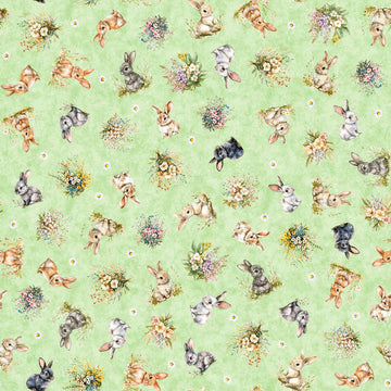 Image of QT Cuties 3 Bunnies & Floral Light Green quilting cotton fabric by Morris Creative Group for QT Fabrics. Features rabbits and flowers on a green background. Cute Little Fabric Shop.