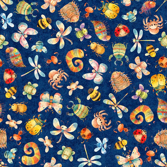 Image of QT Cuties 3 Bugs Navy quilting cotton fabric by Morris Creative Group for QT Fabrics. Features bugs on a blue background. Cute Little Fabric Shop.