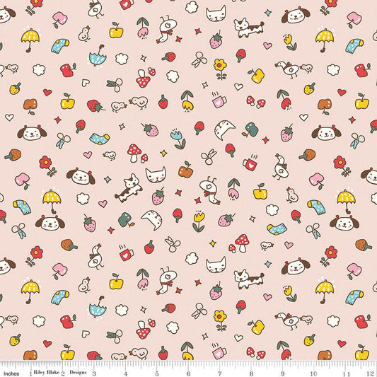 Image of Serendipity 2 Toss Blush quilting cotton fabric by Minki Kim for Riley Blake Designs. Features summer items on a pink background. Cute Little Fabric Shop.