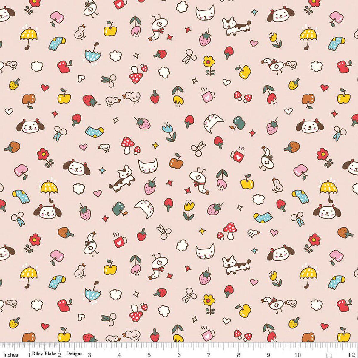 Image of Serendipity 2 Toss Blush quilting cotton fabric by Minki Kim for Riley Blake Designs. Features summer items on a pink background. Cute Little Fabric Shop.