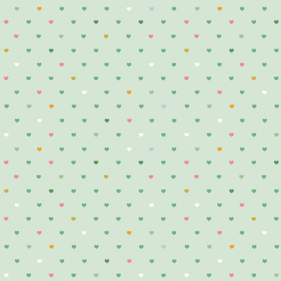 Image of Serendipity 2 Hearts Mint quilting cotton fabric by Minki Kim for Riley Blake Designs. Features hearts on a pink background. Cute Little Fabric Shop.