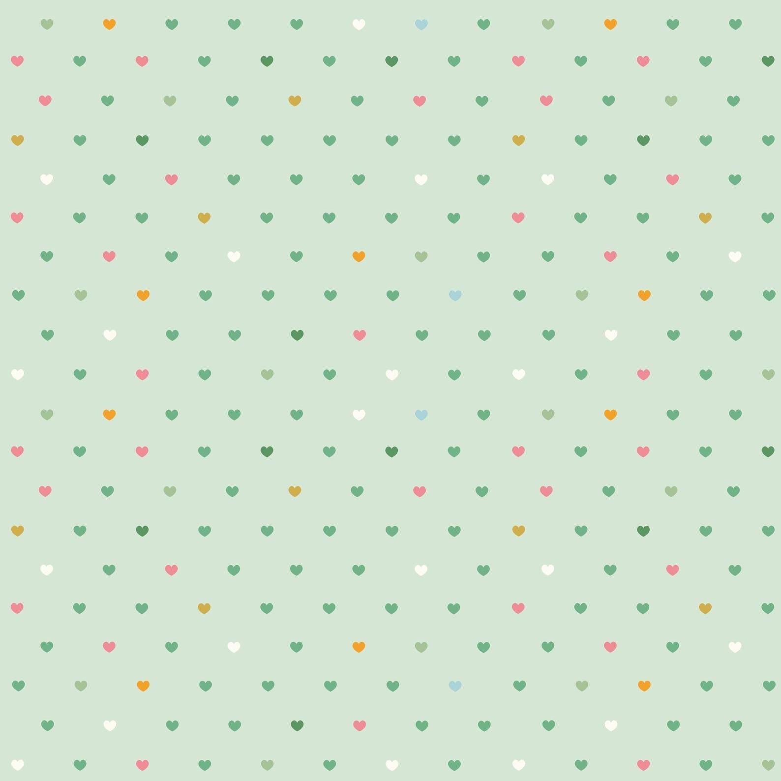 Image of Serendipity 2 Hearts Mint quilting cotton fabric by Minki Kim for Riley Blake Designs. Features hearts on a pink background. Cute Little Fabric Shop.