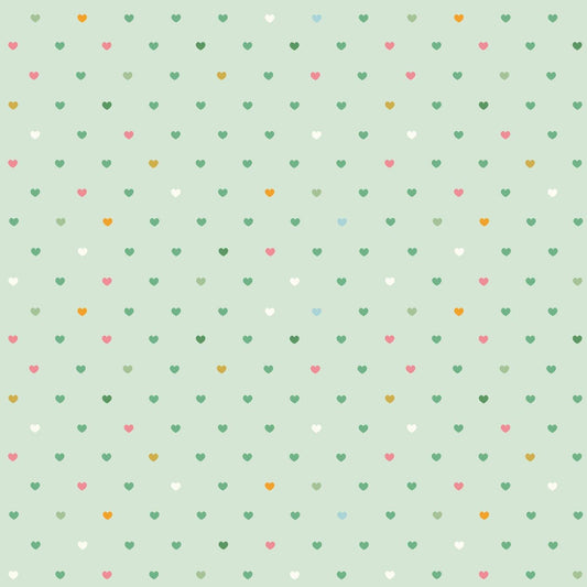Image of Serendipity 2 Hearts Mint quilting cotton fabric by Minki Kim for Riley Blake Designs. Features hearts on a pink background. Cute Little Fabric Shop.
