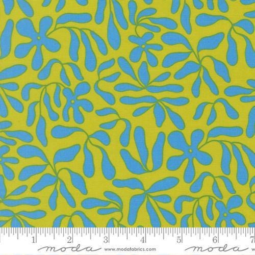 Image of True to Hue Obsura Citronized quilting cotton fabric by Alli K Design for Moda Fabrics. Features flowers on a green background. Cute Little Fabric Shop.