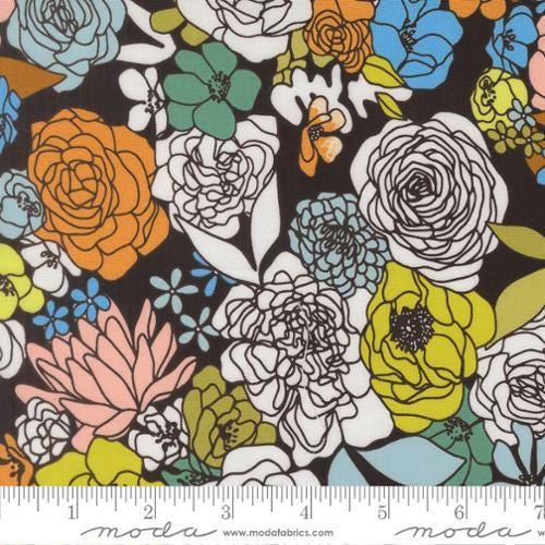 Image of True to Hue Florals Black as Night quilting cotton fabric by Alli K Design for Moda Fabrics. Features flowers on a black background. Cute Little Fabric Shop.