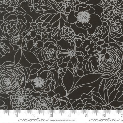 Image of True to Hue Florals Black as Night White quilting cotton fabric by Alli K Design for Moda Fabrics. Features flowers on a black background. Cute Little Fabric Shop.
