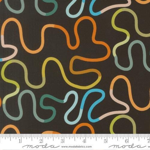 Image of True to Hue Venture Black as Night quilting cotton fabric by Alli K Design for Moda Fabrics. Features abstract lines on a black background. Cute Little Fabric Shop.