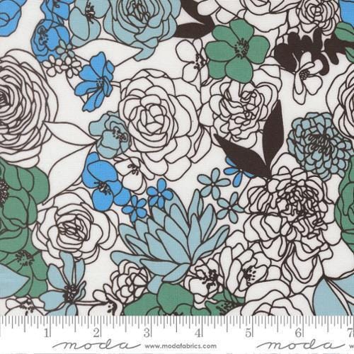 Image of True to Hue Florals Love Dove Dusty Sky quilting cotton fabric by Alli K Design for Moda Fabrics. Features flowers on a white and blue background. Cute Little Fabric Shop.