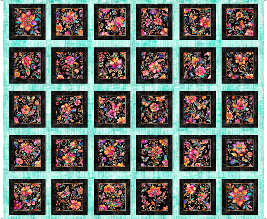 Fluttering Gardens Butterfly & Floral Patches Panel Light Turquoise Blue Floral Fabric - 31728 Q - QT Fabrics Quilting Cotton Fabric