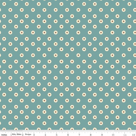 Image of Cowgirl Flower Dots Blue quilting cotton fabric by Echo Park Paper Co. for Riley Blake Designs. Features flowers on a blue background. Cute Little Fabric Shop.