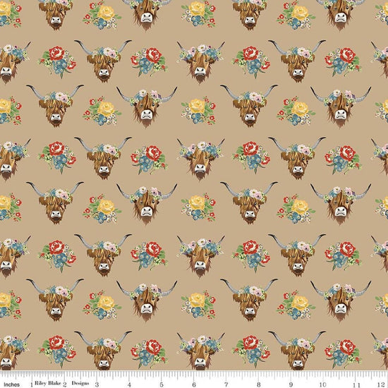 Image of Cowgirl Highland Cows Brown quilting cotton fabric by Echo Park Paper Co. for Riley Blake Designs. Features cows on a brown background. Cute Little Fabric Shop.