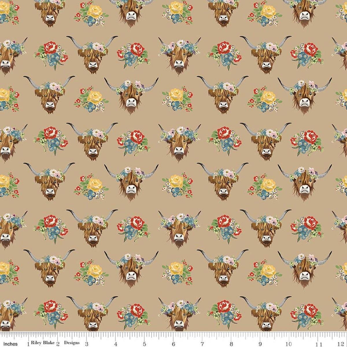 Image of Cowgirl Highland Cows Brown quilting cotton fabric by Echo Park Paper Co. for Riley Blake Designs. Features cows on a brown background. Cute Little Fabric Shop.