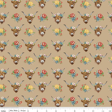 Image of Cowgirl Highland Cows Brown quilting cotton fabric by Echo Park Paper Co. for Riley Blake Designs. Features cows on a brown background. Cute Little Fabric Shop.