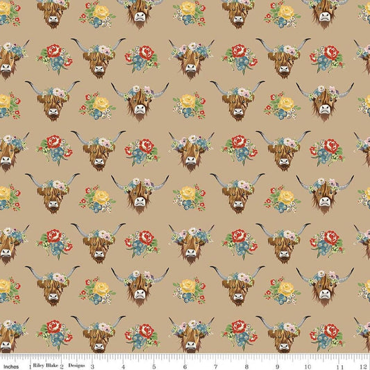 Image of Cowgirl Highland Cows Brown quilting cotton fabric by Echo Park Paper Co. for Riley Blake Designs. Features cows on a brown background. Cute Little Fabric Shop.