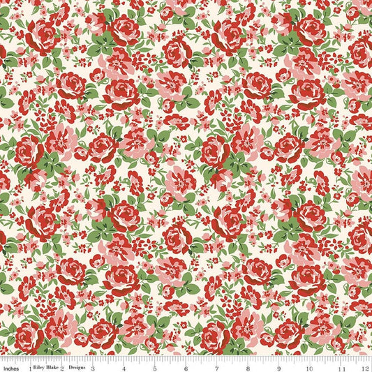 Image of Cowgirl Floral Red quilting cotton fabric by Echo Park Paper Co. for Riley Blake Designs. Features flowers on a red background. Cute Little Fabric Shop.
