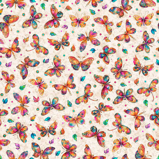 Image of Fluttering Gardens Butterflies Oatmeal quilting cotton fabric by Morris Creative Group for QT Fabrics. Features butterflies on a cream background. Cute Little Fabric Shop.