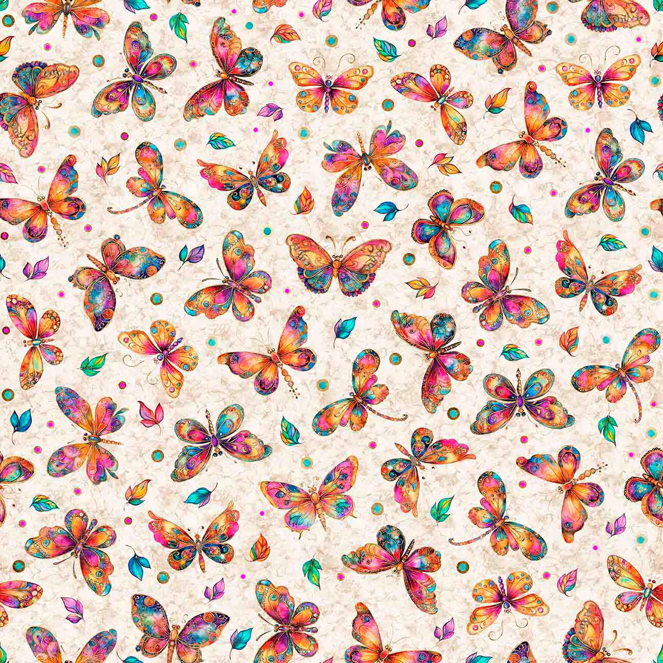 Image of Fluttering Gardens Butterflies Oatmeal quilting cotton fabric by Morris Creative Group for QT Fabrics. Features butterflies on a cream background. Cute Little Fabric Shop.
