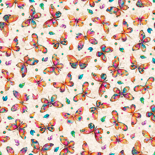Image of Fluttering Gardens Butterflies Oatmeal quilting cotton fabric by Morris Creative Group for QT Fabrics. Features butterflies on a cream background. Cute Little Fabric Shop.