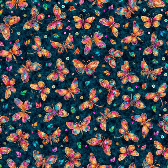 Image of Fluttering Gardens Butterflies Teal quilting cotton fabric by Morris Creative Group for QT Fabrics. Features butterflies on a blue background. Cute Little Fabric Shop.