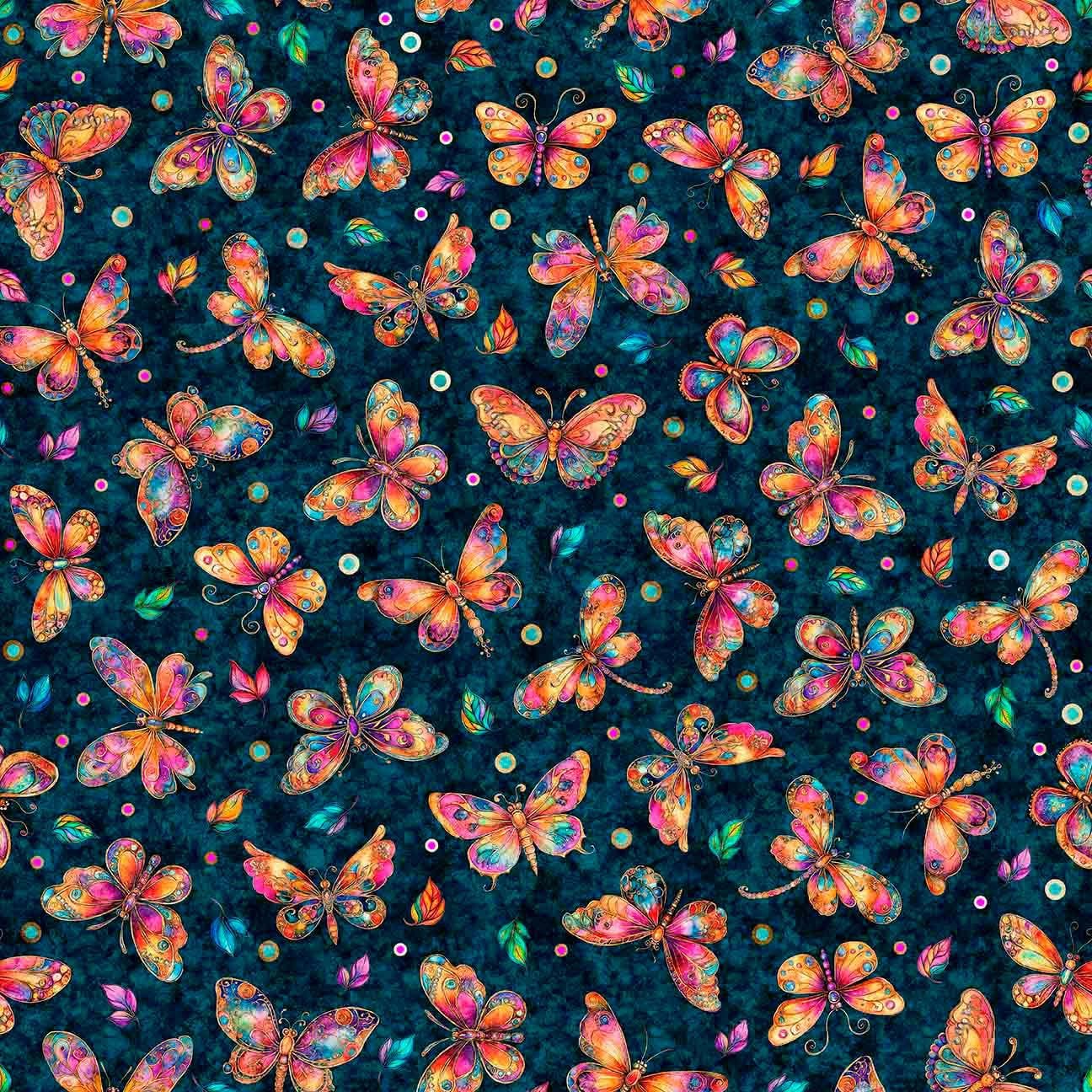 Image of Fluttering Gardens Butterflies Teal quilting cotton fabric by Morris Creative Group for QT Fabrics. Features butterflies on a blue background. Cute Little Fabric Shop.