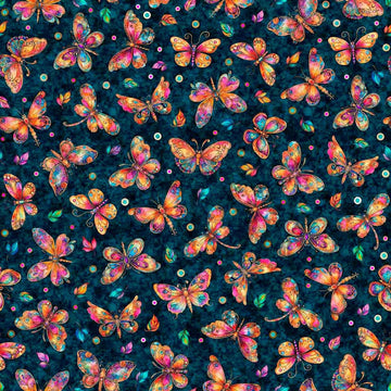 Image of Fluttering Gardens Butterflies Teal quilting cotton fabric by Morris Creative Group for QT Fabrics. Features butterflies on a blue background. Cute Little Fabric Shop.