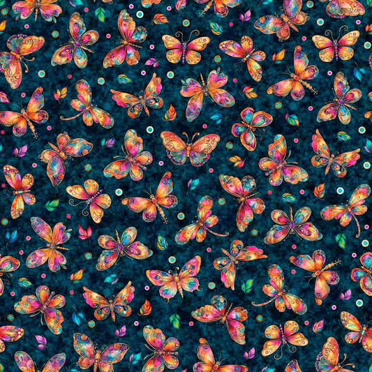 Image of Fluttering Gardens Butterflies Teal quilting cotton fabric by Morris Creative Group for QT Fabrics. Features butterflies on a blue background. Cute Little Fabric Shop.