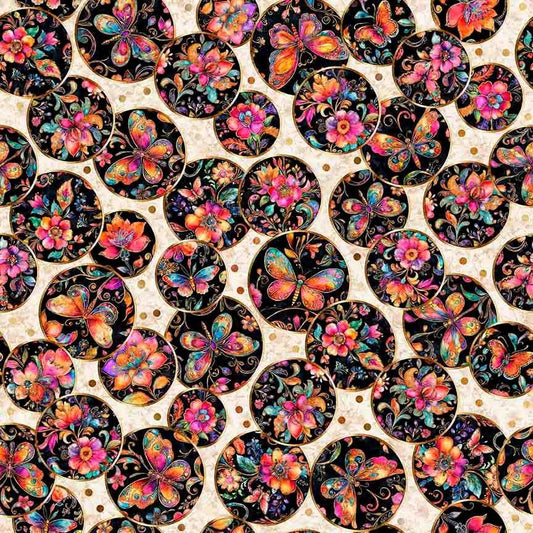 Image of Fluttering Gardens Butterfly Medallions Oatmeal quilting cotton fabric by Morris Creative Group for QT Fabrics. Features butterflies on a cream background. Cute Little Fabric Shop.