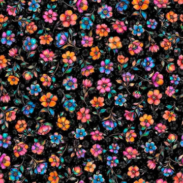 Image of Fluttering Gardens Small Floral Black quilting cotton fabric by Morris Creative Group for QT Fabrics. Features flowers on a black background. Cute Little Fabric Shop.
