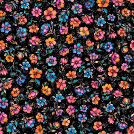 Image of Fluttering Gardens Small Floral Black quilting cotton fabric by Morris Creative Group for QT Fabrics. Features flowers on a black background. Cute Little Fabric Shop.