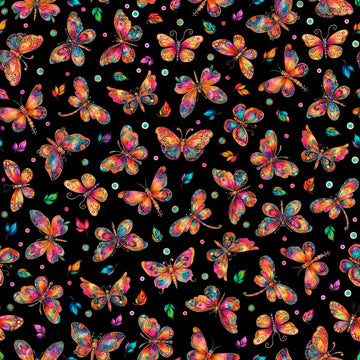 Image of Fluttering Gardens Butterflies Black quilting cotton fabric by Morris Creative Group for QT Fabrics. Features butterflies on a black background. Cute Little Fabric Shop.