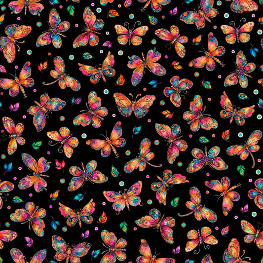 Image of Fluttering Gardens Butterflies Black quilting cotton fabric by Morris Creative Group for QT Fabrics. Features butterflies on a black background. Cute Little Fabric Shop.