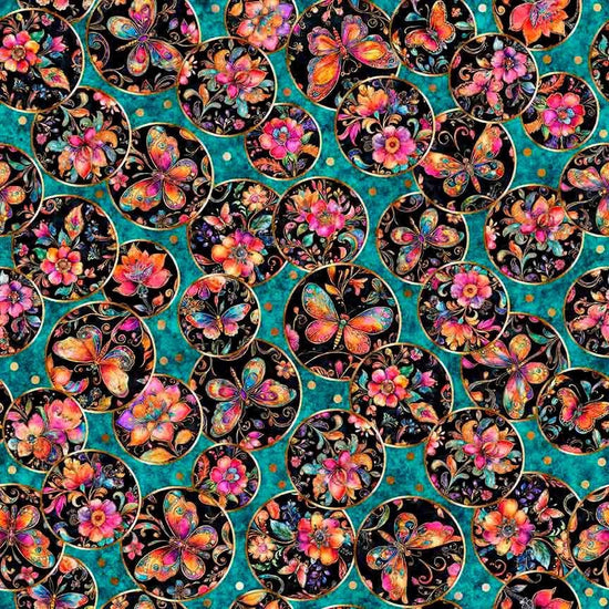 Image of Fluttering Gardens Butterfly Medallions Dark Turquoise quilting cotton fabric by Morris Creative Group for QT Fabrics. Features butterflies on a blue background. Cute Little Fabric Shop.