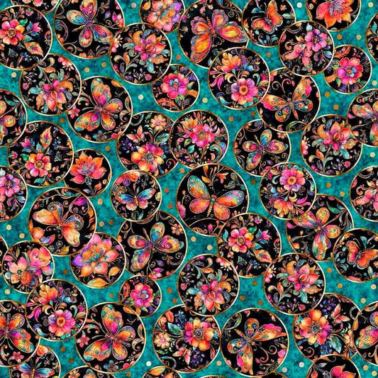 Image of Fluttering Gardens Butterfly Medallions Dark Turquoise quilting cotton fabric by Morris Creative Group for QT Fabrics. Features butterflies on a blue background. Cute Little Fabric Shop.