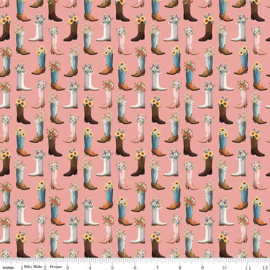Image of Cowgirl Boots Pink quilting cotton fabric by Echo Park Paper Co. for Riley Blake Designs. Features cowboy boots on a pink background. Cute Little Fabric Shop.