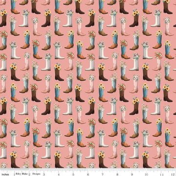 Image of Cowgirl Boots Pink quilting cotton fabric by Echo Park Paper Co. for Riley Blake Designs. Features cowboy boots on a pink background. Cute Little Fabric Shop.