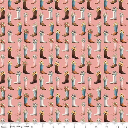 Image of Cowgirl Boots Pink quilting cotton fabric by Echo Park Paper Co. for Riley Blake Designs. Features cowboy boots on a pink background. Cute Little Fabric Shop.