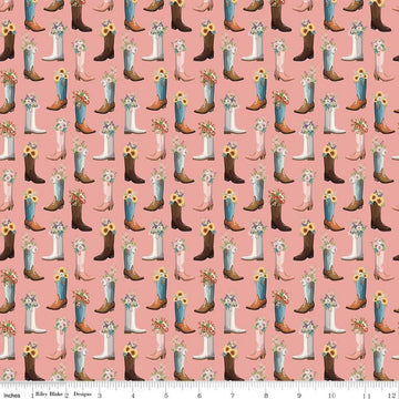 Image of Cowgirl Boots Pink quilting cotton fabric by Echo Park Paper Co. for Riley Blake Designs. Features cowboy boots on a pink background. Cute Little Fabric Shop.