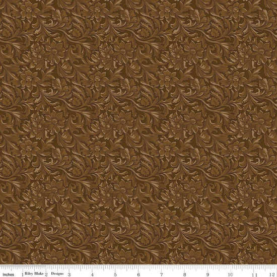 Image of Cowgirl Leather Brown quilting cotton fabric by Echo Park Paper Co. for Riley Blake Designs. Features tone-on-tone flowers on a brown background. Cute Little Fabric Shop.