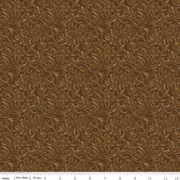Image of Cowgirl Leather Brown quilting cotton fabric by Echo Park Paper Co. for Riley Blake Designs. Features tone-on-tone flowers on a brown background. Cute Little Fabric Shop.