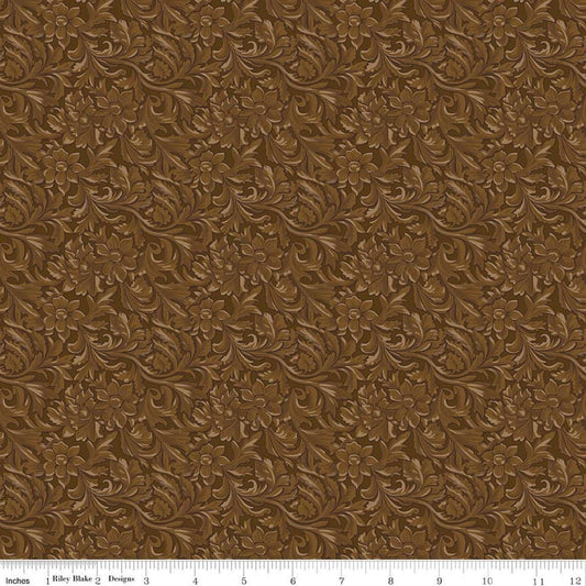 Image of Cowgirl Leather Brown quilting cotton fabric by Echo Park Paper Co. for Riley Blake Designs. Features tone-on-tone flowers on a brown background. Cute Little Fabric Shop.