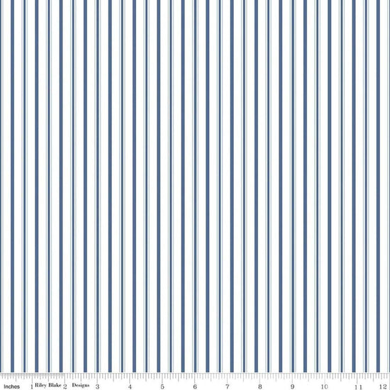 Image of Daybreak on the Prairie Track Stripe Blue quilting cotton fabric by Modern Prairie for Riley Blake Designs. Features stripes on a blue background. Cute Little Fabric Shop.