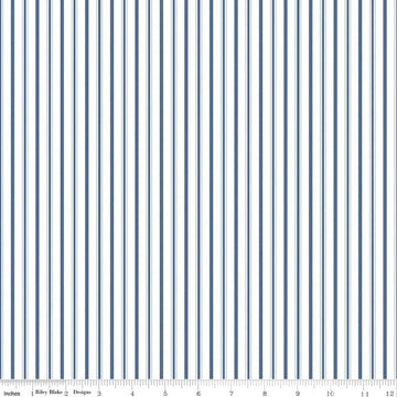 Image of Daybreak on the Prairie Track Stripe Blue quilting cotton fabric by Modern Prairie for Riley Blake Designs. Features stripes on a blue background. Cute Little Fabric Shop.