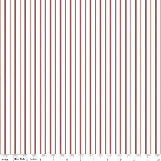 Image of Daybreak on the Prairie Track Stripe Rose quilting cotton fabric by Modern Prairie for Riley Blake Designs. Features stripes on a pink background. Cute Little Fabric Shop.