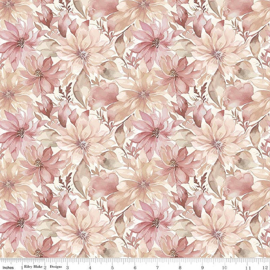 Image of Daybreak on the Prairie Floral Cream quilting cotton fabric by Modern Prairie for Riley Blake Designs. Features flowers on a pink background. Cute Little Fabric Shop.