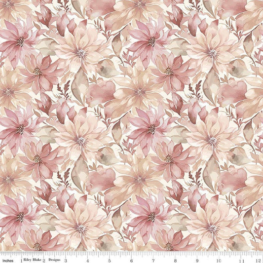 Image of Daybreak on the Prairie Floral Cream quilting cotton fabric by Modern Prairie for Riley Blake Designs. Features flowers on a pink background. Cute Little Fabric Shop.