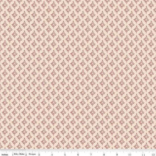 Image of Daybreak on the Prairie Geo Peach quilting cotton fabric by Modern Prairie for Riley Blake Designs. Features flowers on a pink background. Cute Little Fabric Shop.