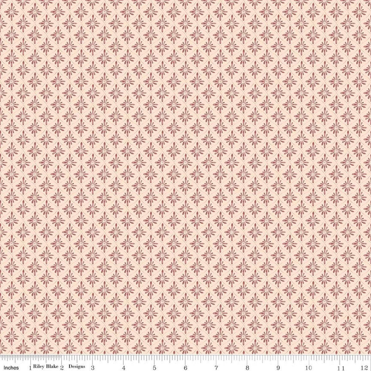 Image of Daybreak on the Prairie Geo Peach quilting cotton fabric by Modern Prairie for Riley Blake Designs. Features flowers on a pink background. Cute Little Fabric Shop.
