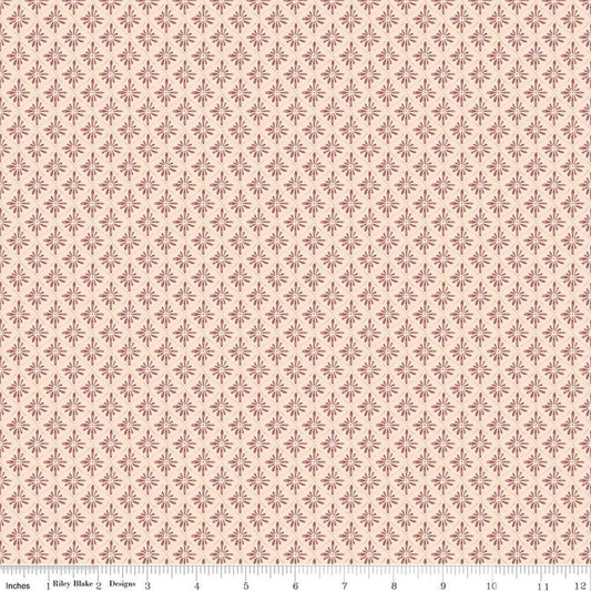 Image of Daybreak on the Prairie Geo Peach quilting cotton fabric by Modern Prairie for Riley Blake Designs. Features flowers on a pink background. Cute Little Fabric Shop.